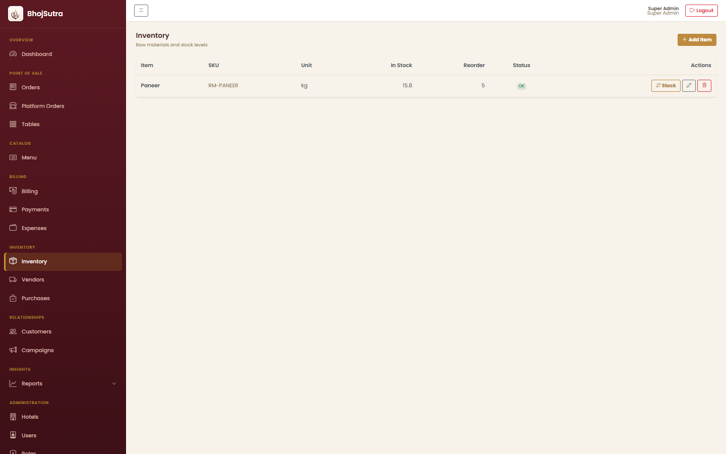 BhojSutra Inventory tracking